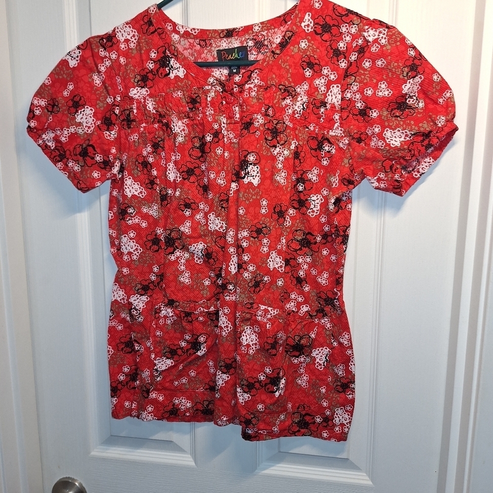 Peaches Uniforms Red Floral Top Medium